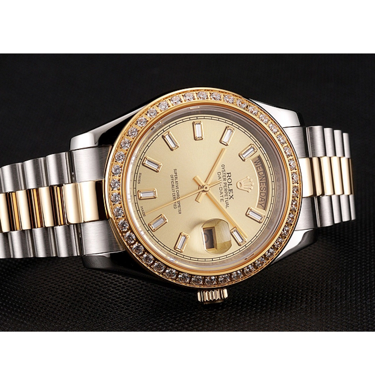 Aaa fake watches Two Tone 1454103 Day-Date Diamond Dial Bracelet Swiss Bezel Rolex Champagne 0712
